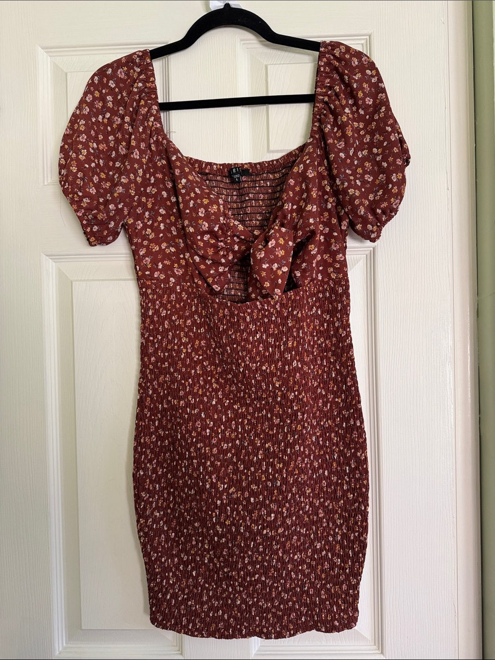 Iris rust brown floral smocked tie front puff sleeve mini dress L - Picture 2 of 5